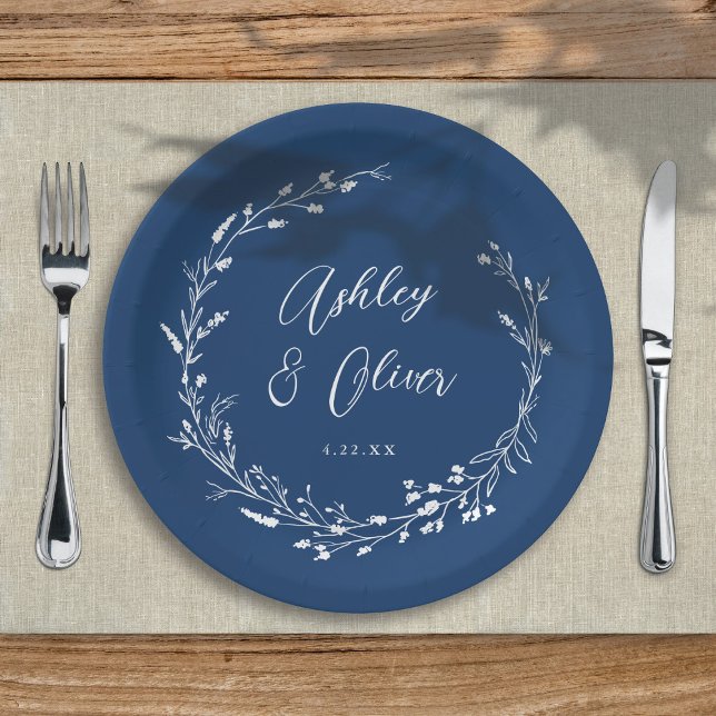 Rustic Boho Navy Blue Wildflower Floral Wedding Paper Plate (Creator Uploaded)