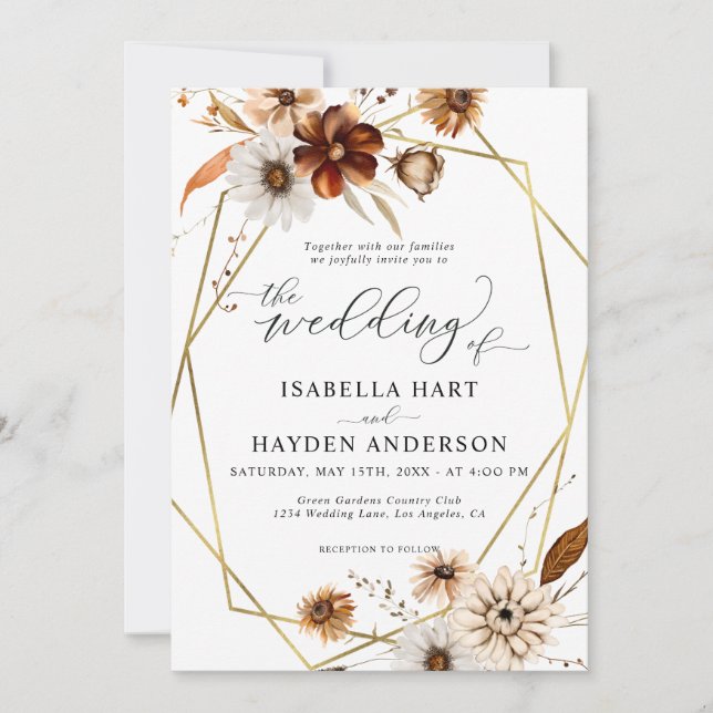 Rustic Boho Neutral Floral Gold Frame Wedding Invitation (Front)