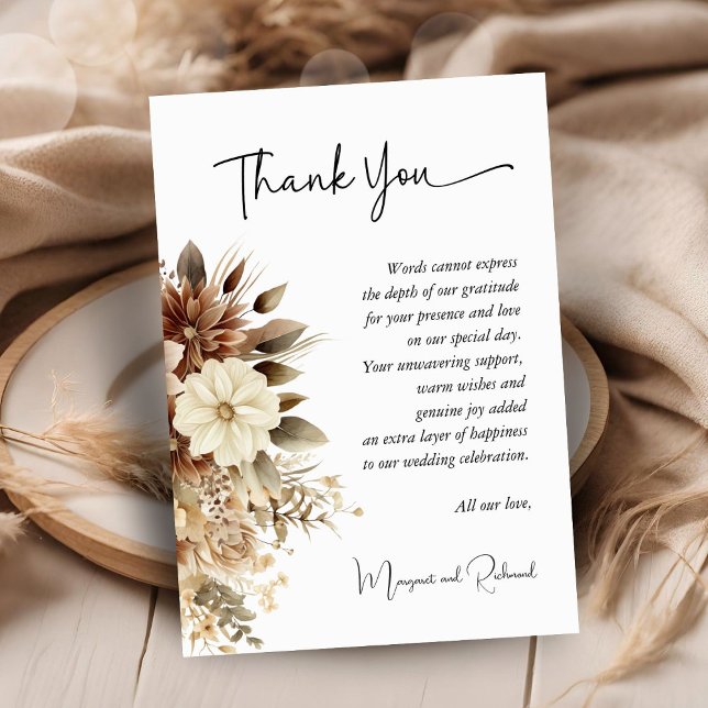 Rustic Boho Neutral Floral Wedding Thank You Card (Creator Uploaded)