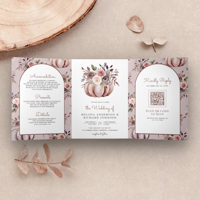 Rustic Boho Neutral Pumpkin Floral QR Code Wedding Tri-Fold Invitation (Creator Uploaded)