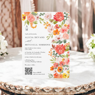 Rustic Boho Orange Floral Watercolor QR wedding  Invitation