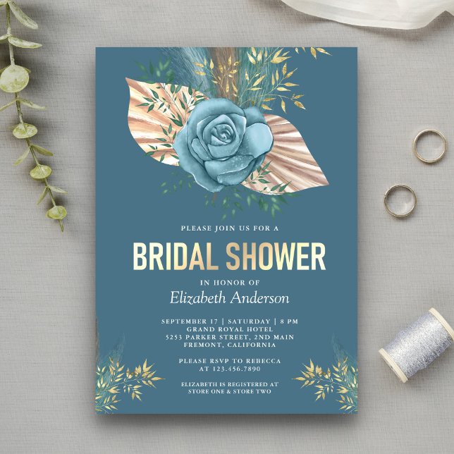 Rustic Boho Palm Dusty Blue Floral Bridal Shower Invitation (Creator Uploaded)