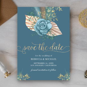 Rustic Boho Palm Dusty Blue Floral Wedding Save The Date
