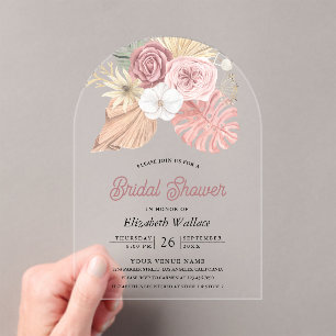 Rustic Boho Palm Dusty Pink Roses Bridal Shower Acrylic Invitations