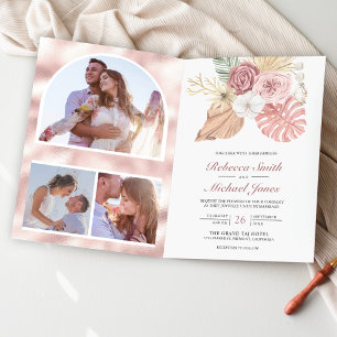 Rustic Boho Palm Dusty Pink Roses QR Code Wedding Invitation