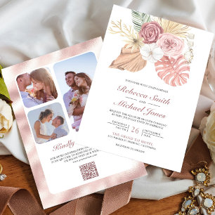 Rustic Boho Palm Dusty Pink Roses QR Code Wedding Invitation