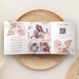 Rustic Boho Palm Dusty Pink Roses QR Code Wedding Tri-Fold Invitation