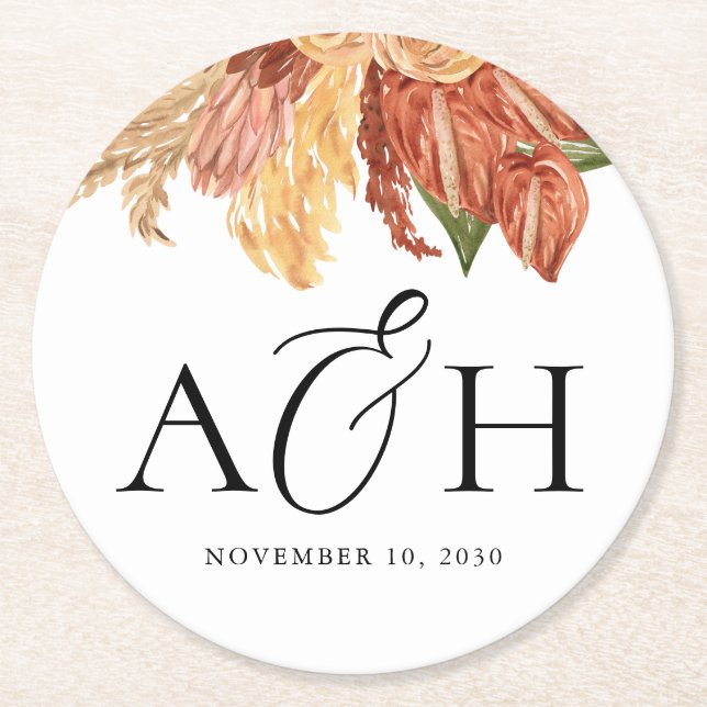Rustic Boho Palm Leaf Monogram Wedding Round Paper Coaster (Front)