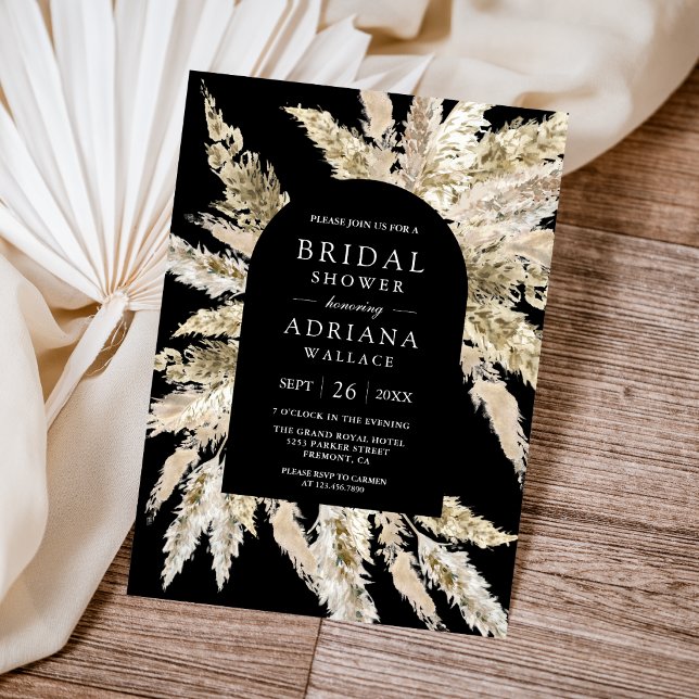 Rustic Boho Pampas Arch Black Bridal Shower Invitation (Creator Uploaded)