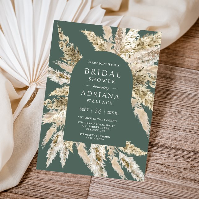 Rustic Boho Pampas Arch Sage Green Bridal Shower Invitation (Creator Uploaded)