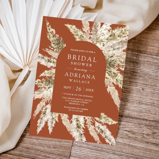 Rustic Boho Pampas Arch Terracotta Bridal Shower Invitation (Creator Uploaded)