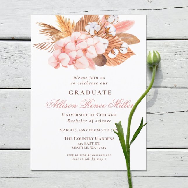 Rustic Boho Pampas Blush Floral Graduation Party Invitation (Creator Uploaded)