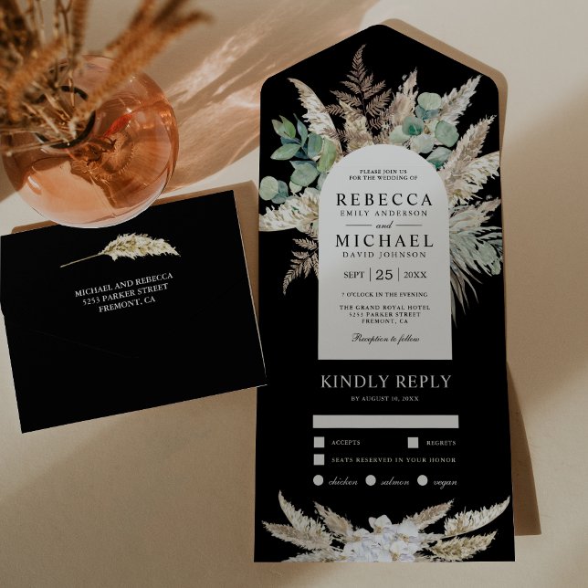 Rustic Boho Pampas Eucalyptus Arch Black Wedding All In One Invitation (Creator Uploaded)