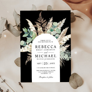 Rustic Boho Pampas Eucalyptus Arch Black Wedding Invitation