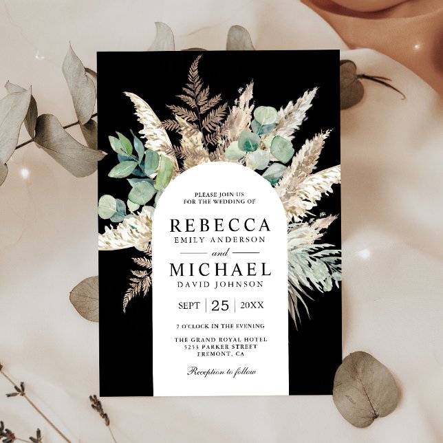 Rustic Boho Pampas Eucalyptus Arch Black Wedding Invitation (Creator Uploaded)