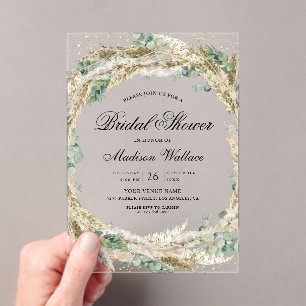 Rustic Boho Pampas Eucalyptus Wreath Bridal Shower Acrylic Invitations