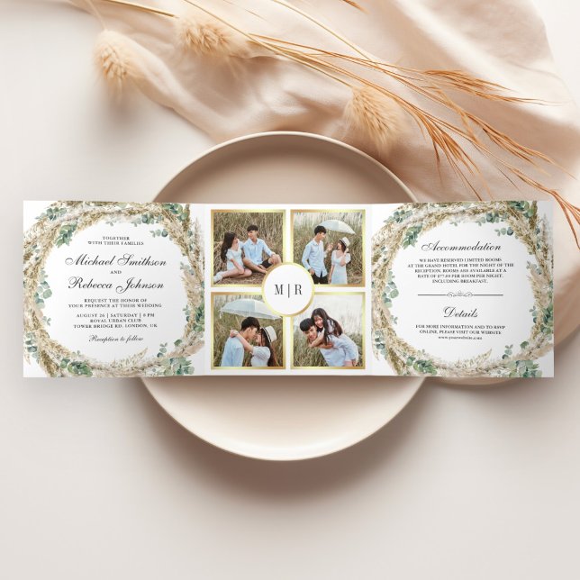 Rustic Boho Pampas Eucalyptus Wreath Wedding Tri-Fold Invitation (Creator Uploaded)