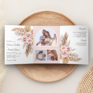 Rustic Boho Pampas Grass Dusty Pink Roses Wedding Tri-Fold Invitation