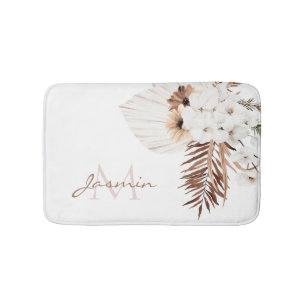 Rustic Boho Pampas Grass Floral Monogram Bath Mat