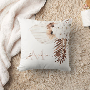 Rustic Boho Pampas Grass Floral Monogram Cushion