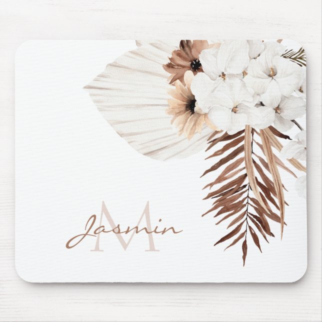 Rustic Boho Pampas Grass Floral Monogram Mouse Mat (Front)