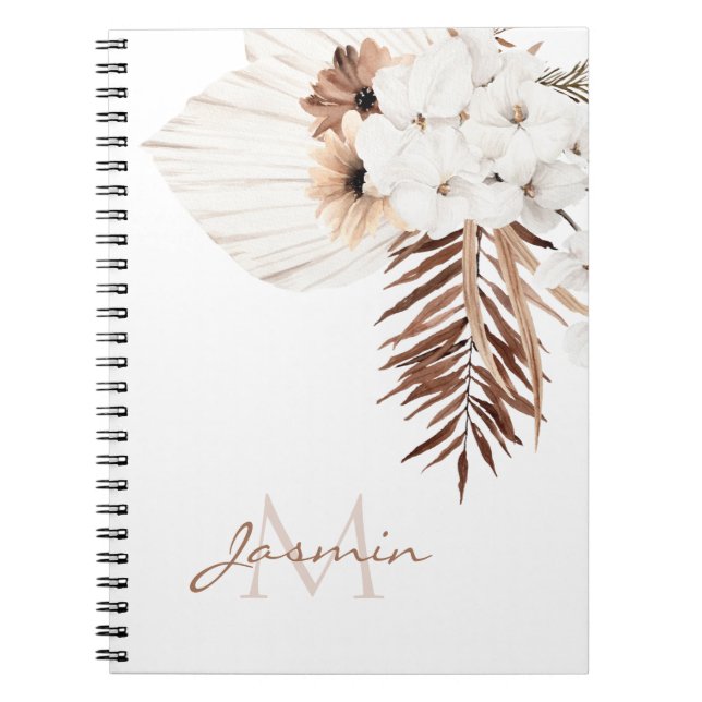 Rustic Boho Pampas Grass Floral Monogram Notebook (Front)