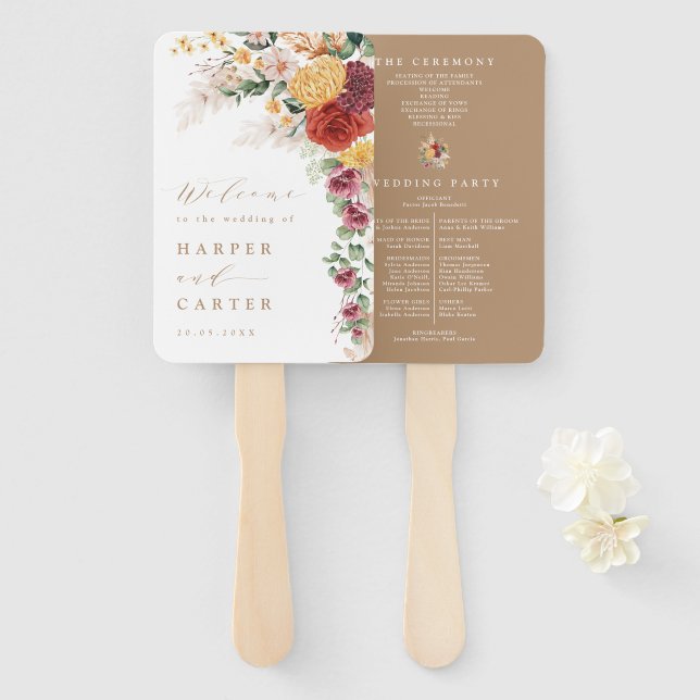 Rustic Boho Pampas Grass Flower Wedding Program Hand Fan (Front and Back)