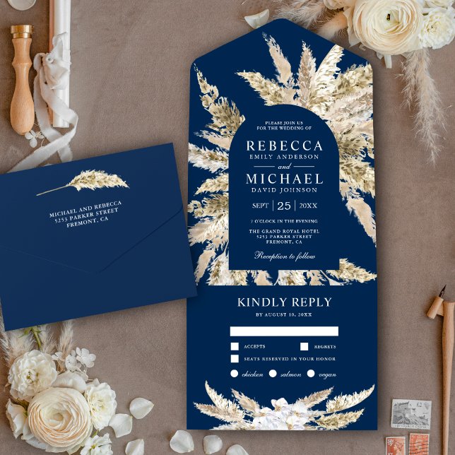 Rustic Boho Pampas Grass Navy Blue Arch Wedding All In One Invitation (Creator Uploaded)