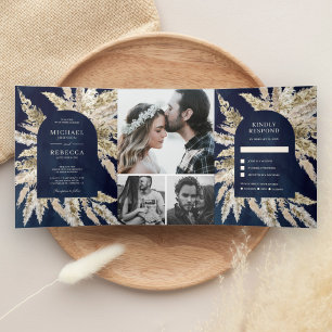 Rustic Boho Pampas Grass Navy Blue Arch Wedding Tri-Fold Invitation