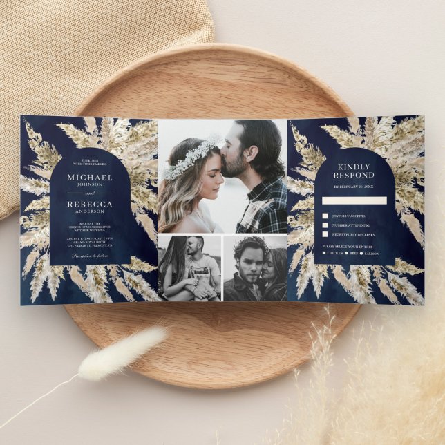 Rustic Boho Pampas Grass Navy Blue Arch Wedding Tri-Fold Invitation (Creator Uploaded)