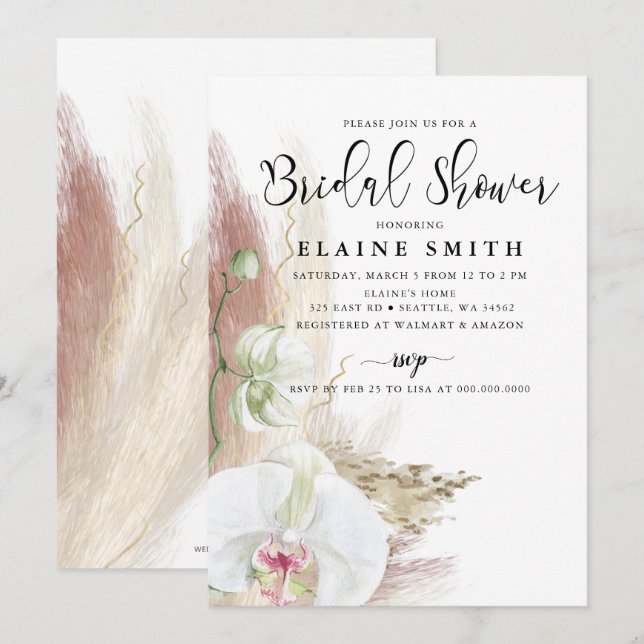Rustic Boho Pampas Grass Orchid Bridal Shower Invitation (Front/Back)