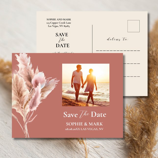 Rustic Boho Pampas Grass Save The Date Photo Postcard (Creator Uploaded)
