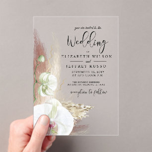 Rustic Boho Pampas Grass White Orchid Wedding Acrylic Invitations