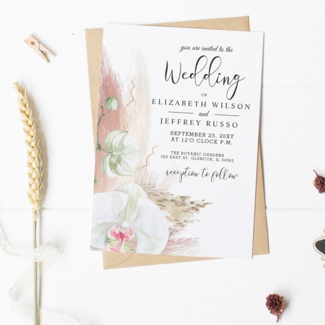 Rustic Boho Pampas Grass White Orchid Wedding Invitation (Creator Uploaded)