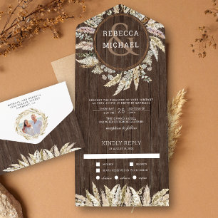 Rustic Boho Pampas Grass Wreath Barn Wood Wedding All In One Invitation