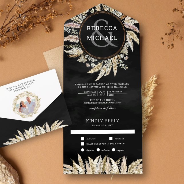 Rustic Boho Pampas Grass Wreath Black Wedding All In One Invitation (Creator Uploaded)