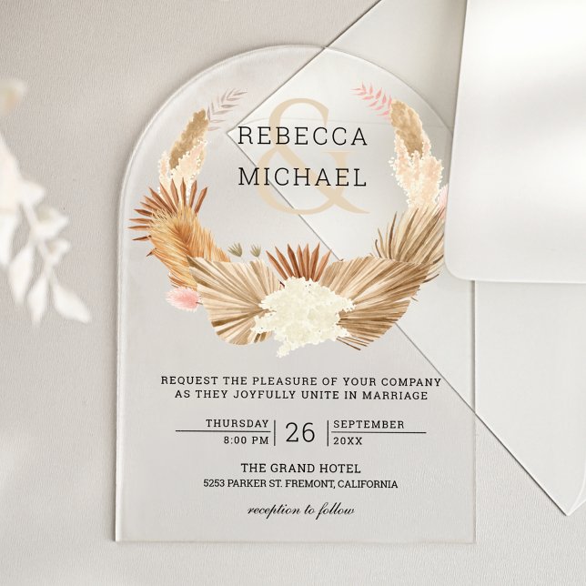 Rustic Boho Pampas Grass Wreath Dried Palm Wedding Acrylic Invitations (Creator Uploaded)