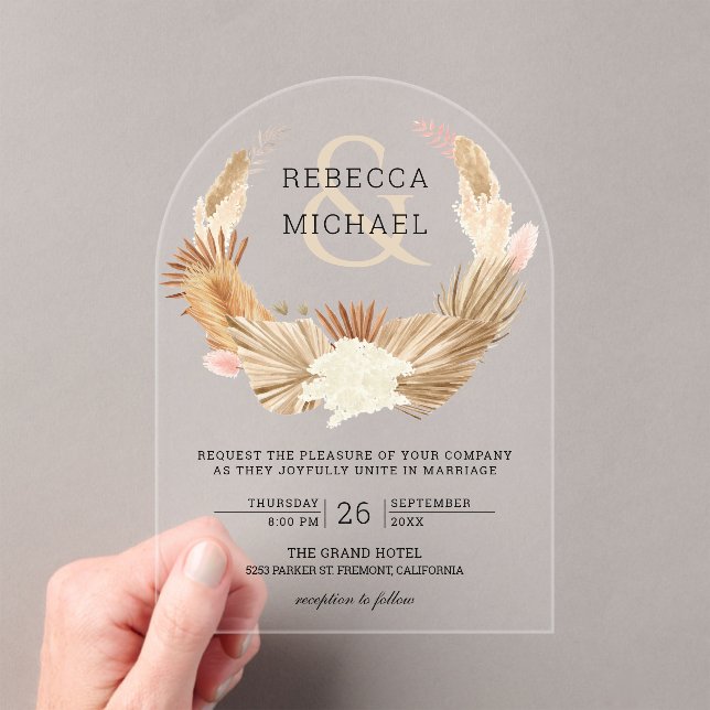 Rustic Boho Pampas Grass Wreath Dried Palm Wedding Acrylic Invitations (Insitu (Handheld))