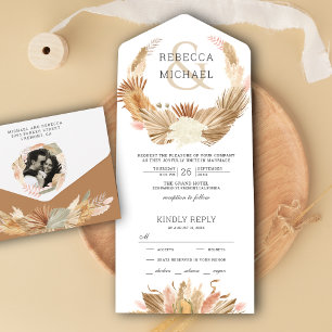 Rustic Boho Pampas Grass Wreath Dried Palm Wedding All In One Invitation
