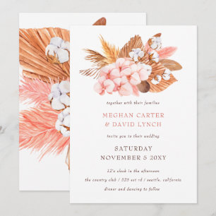 Rustic Boho Pampas Orchids Cotton Blush Wedding Invitation