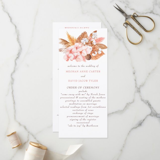 Rustic Boho Pampas Orchids Cotton Blush Wedding Programme (Front/Back In Situ)