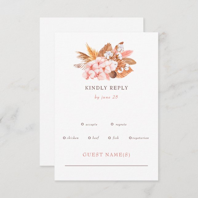 Rustic Boho Pampas Orchids Cotton Blush Wedding RSVP Card (Front/Back)