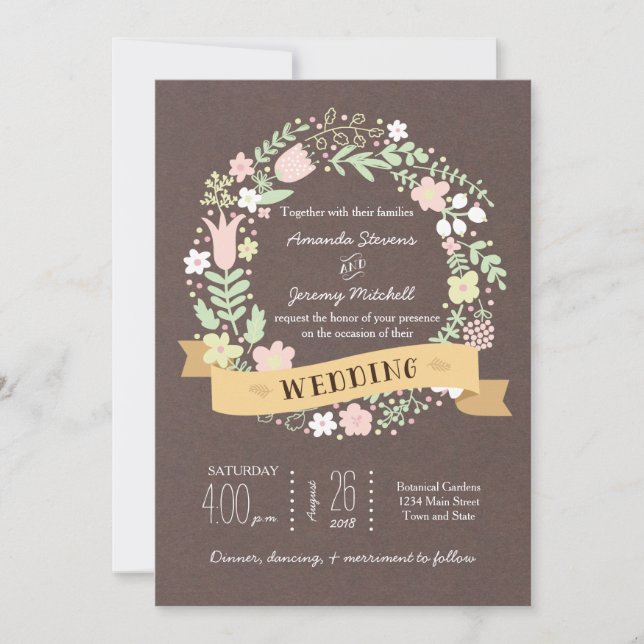 Rustic Boho Pastel Flower Wreath Wedding Invitation (Front)