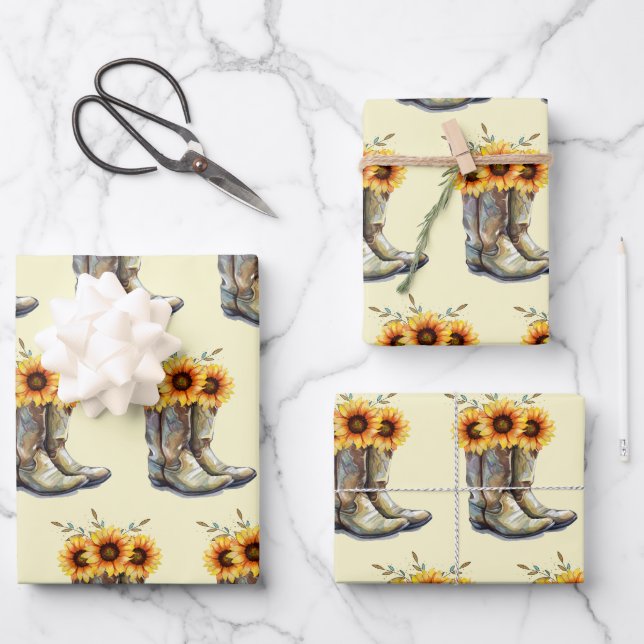 Rustic Boho Pattern - Cowboy Boots with Sunflowers Wrapping Paper Sheet (Front)