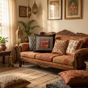 Rustic Boho Pattern Geometrical floral Cushion