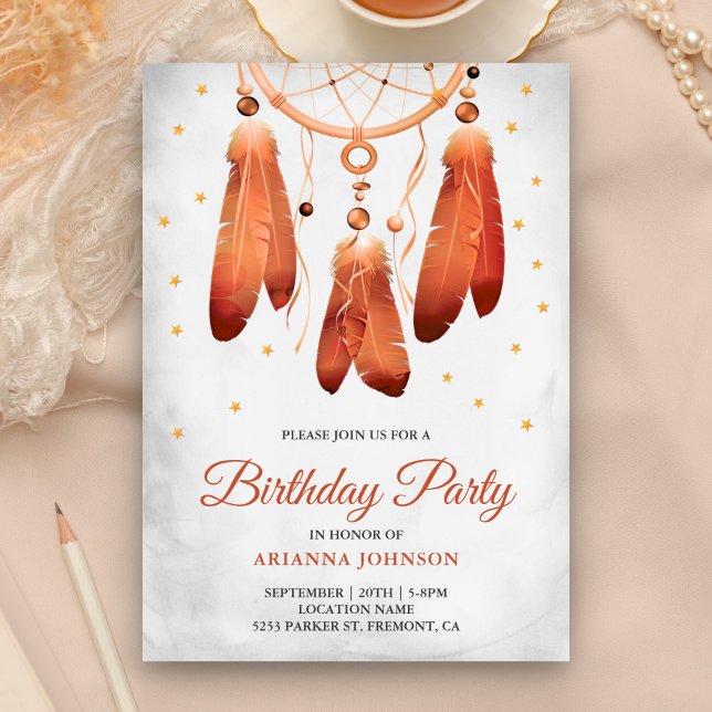 Rustic Boho Peach Dream Catcher Birthday Party Invitation (Creator Uploaded)