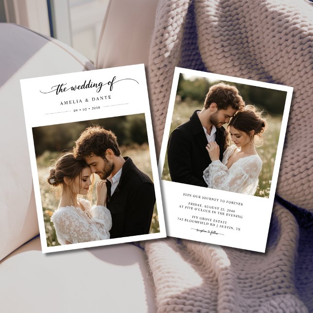 Rustic Boho Photo Black Whimsy Calligraphy Wedding Invitation (Creator Uploaded)