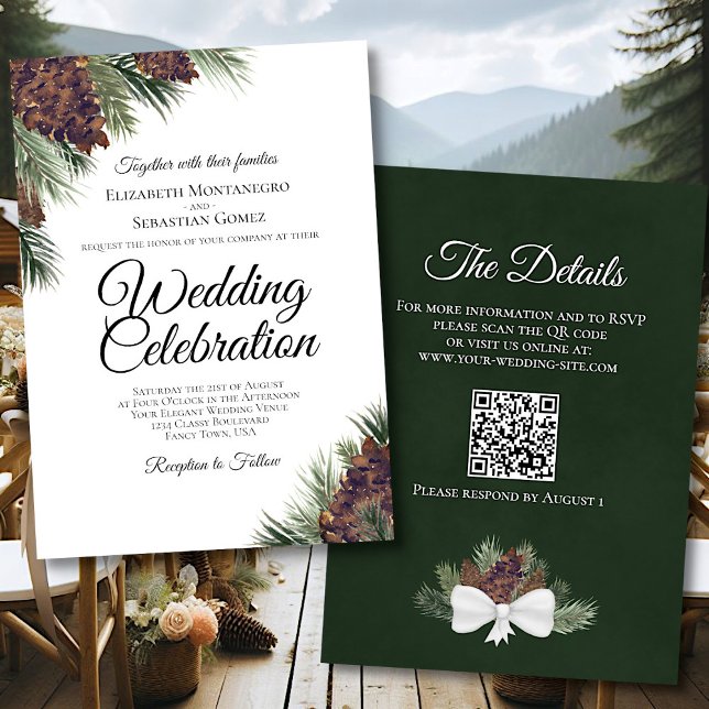 Rustic Boho Pinecones Elegant QR Code Wedding Invitation (Front/Back)