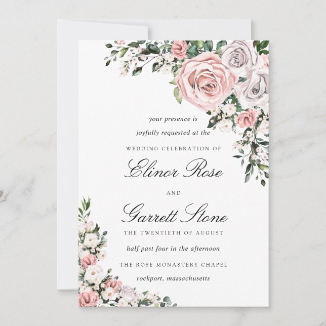 Rustic Boho Pink and Purple Rose Floral Wedding Invitation (Front)