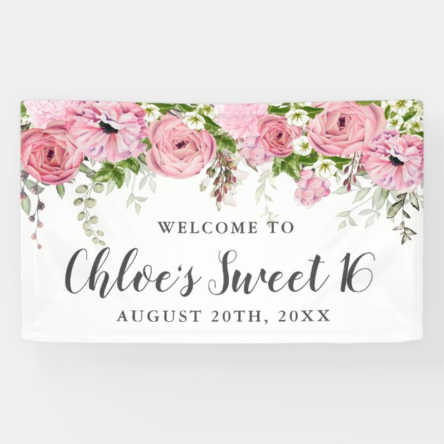 Rustic  Boho Pink and White Floral Sweet 16 Party Banner (Horizontal)